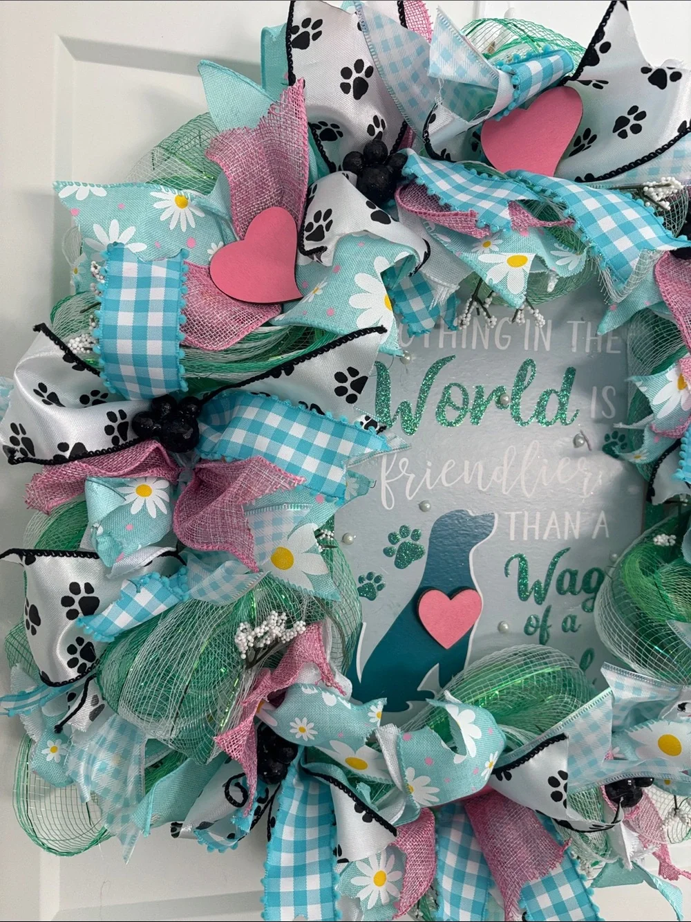 Hand Crafted Teal, Pink, White Dog-Themed Spring Wreath